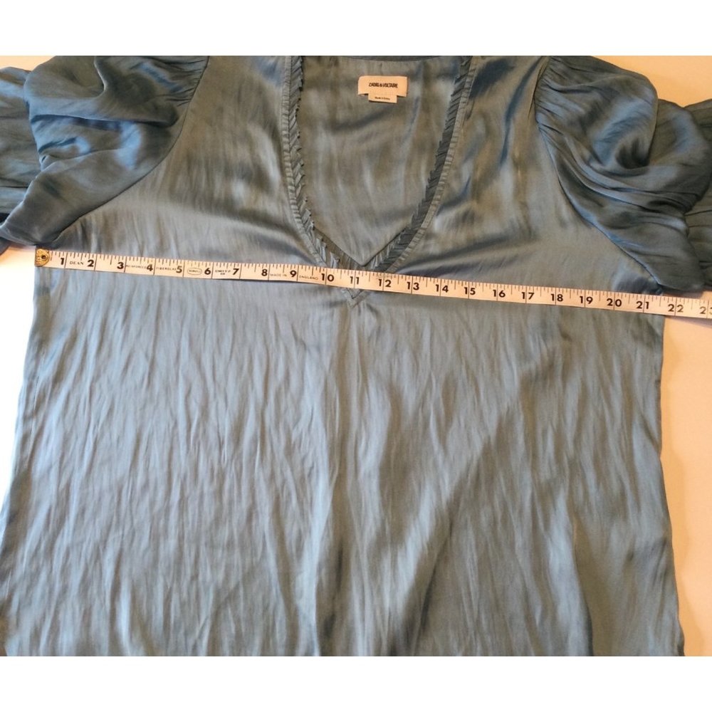 Zadig & Voltaire Women's Taste Tiered Puff Sleeve Satin Top. Large. LIGHT BLUE - Picture 9 of 9